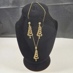 HOLIDAY DANGLE EARRINGS & NECKLACE CHRISTMAS TREE RHINESTONE CRYSTAL GOLD TONE